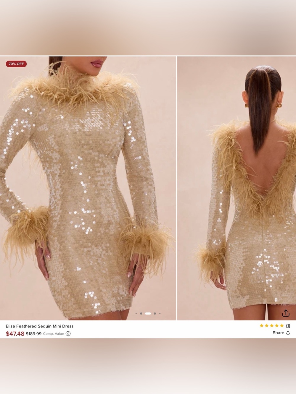 Fashion Nova Gold Sequin Feather-Trim Mini Dress